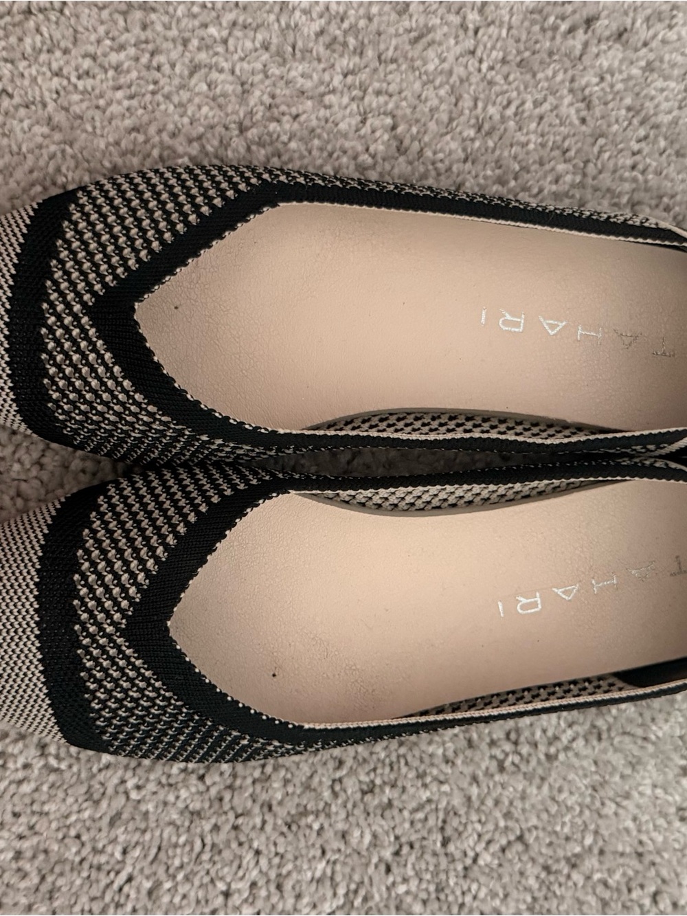 Tahari Black and Cream Knit Pointed-Toe Flats